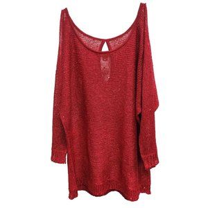 Boston Proper Womens Sequined Cold Shoulder Sweater Large Red Open Knit Pullover